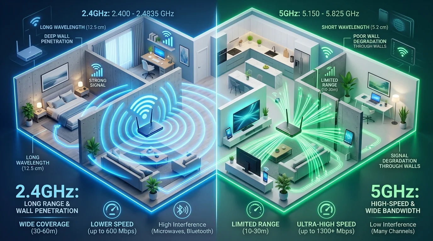 2.4GHz vs 5GHz 무선 전파 파장과 벽 투과율 전송 속도 차이 비교 3D 인포그래픽