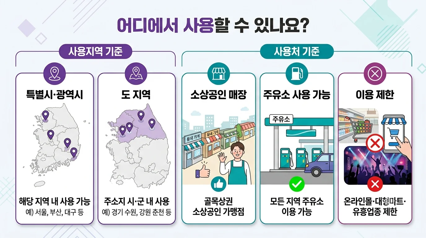 고유가 피해지원금의 특별시·광역시와 주소지 시·군 사용지역, 소상공인 매장과 주유소 사용 가능, 온라인몰·대형마트·유흥업종 제한을 비교한 카드
