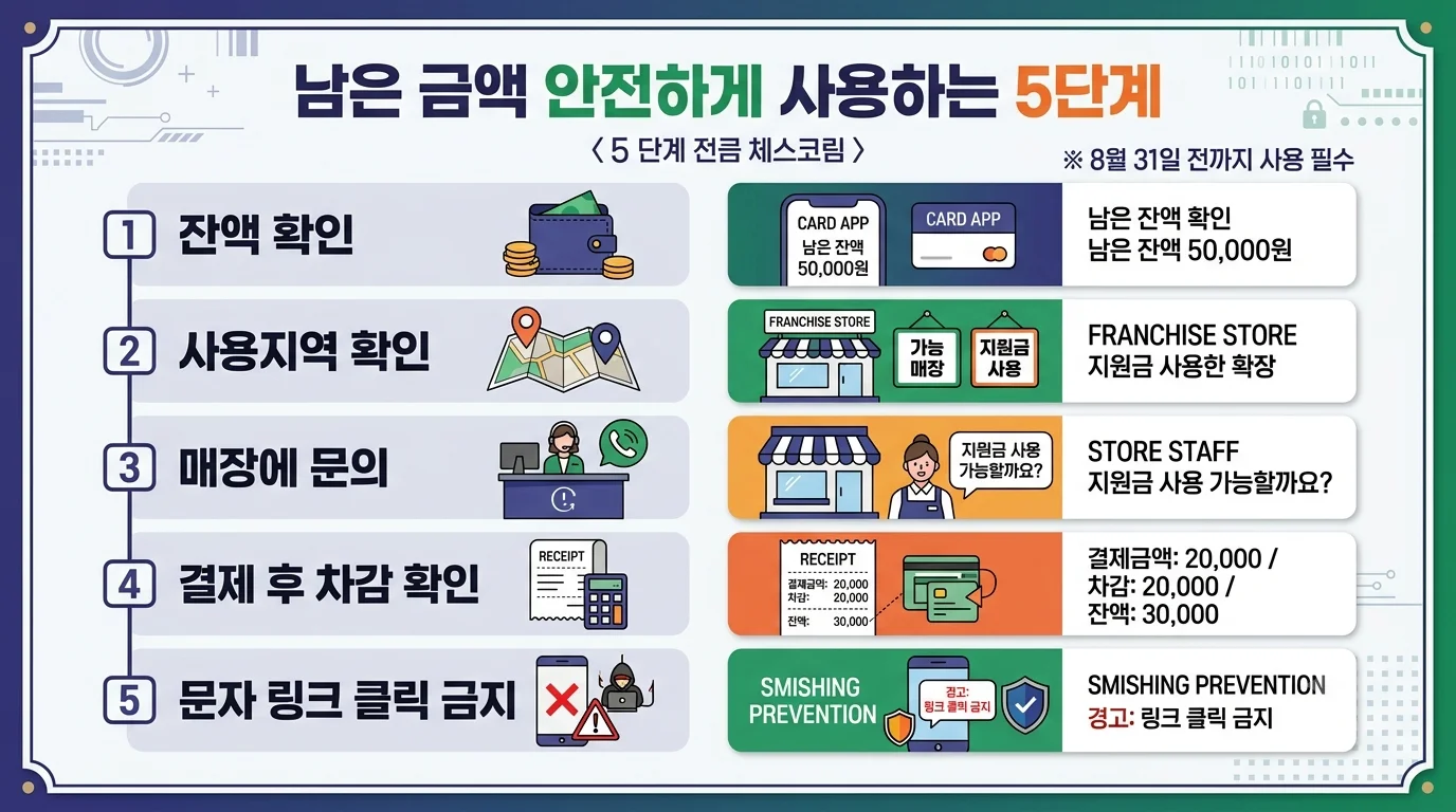 고유가 피해지원금 남은 금액을 사용하기 위한 잔액 확인, 사용지역 확인, 매장 문의, 결제 후 차감 확인, 문자 링크 클릭 금지 5단계 체크리스트