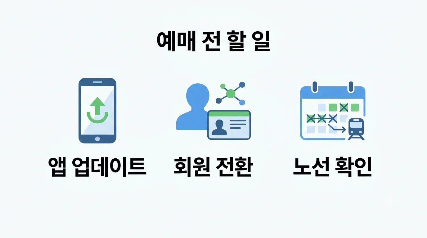예매 전 할 일로 앱 업데이트, 회원 전환, 노선 확인을 보여 주는 가이드 카드