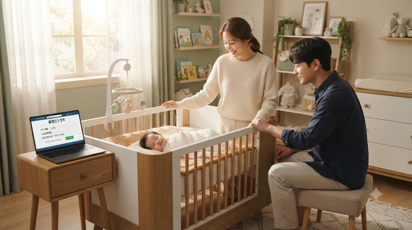산후조리원 및 가정에서 편리하게 온라인 출생신고를 완료하는 부모의 모습