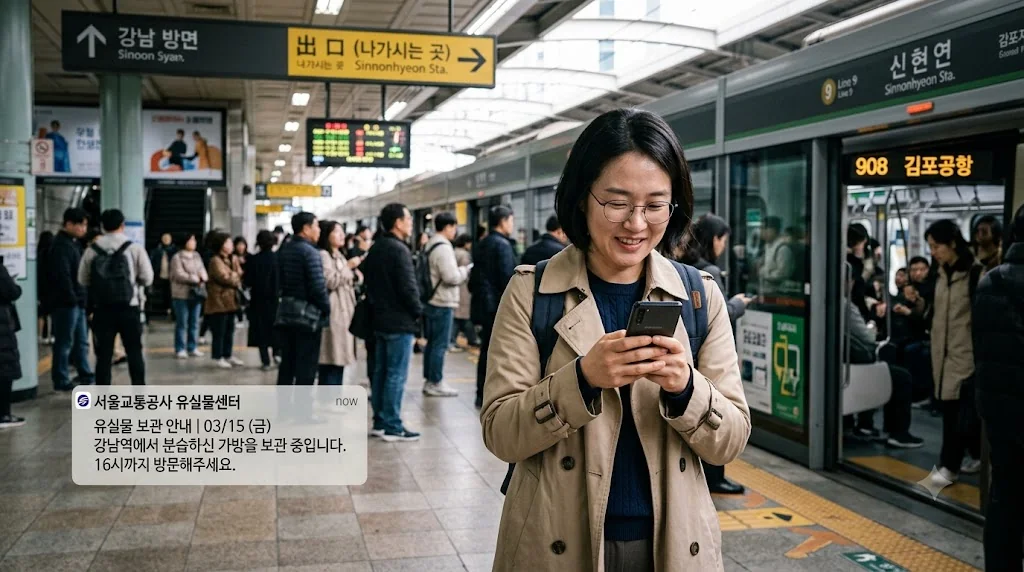 대중교통 지하철 승강장에서 유실물 알림을 확인하고 안도하는 승객