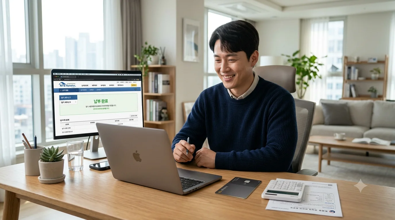 세금 신용카드 납부 - 모던한 데스크에서 카드 무이자 할부 및 포인트 결제를 검토하는 모습