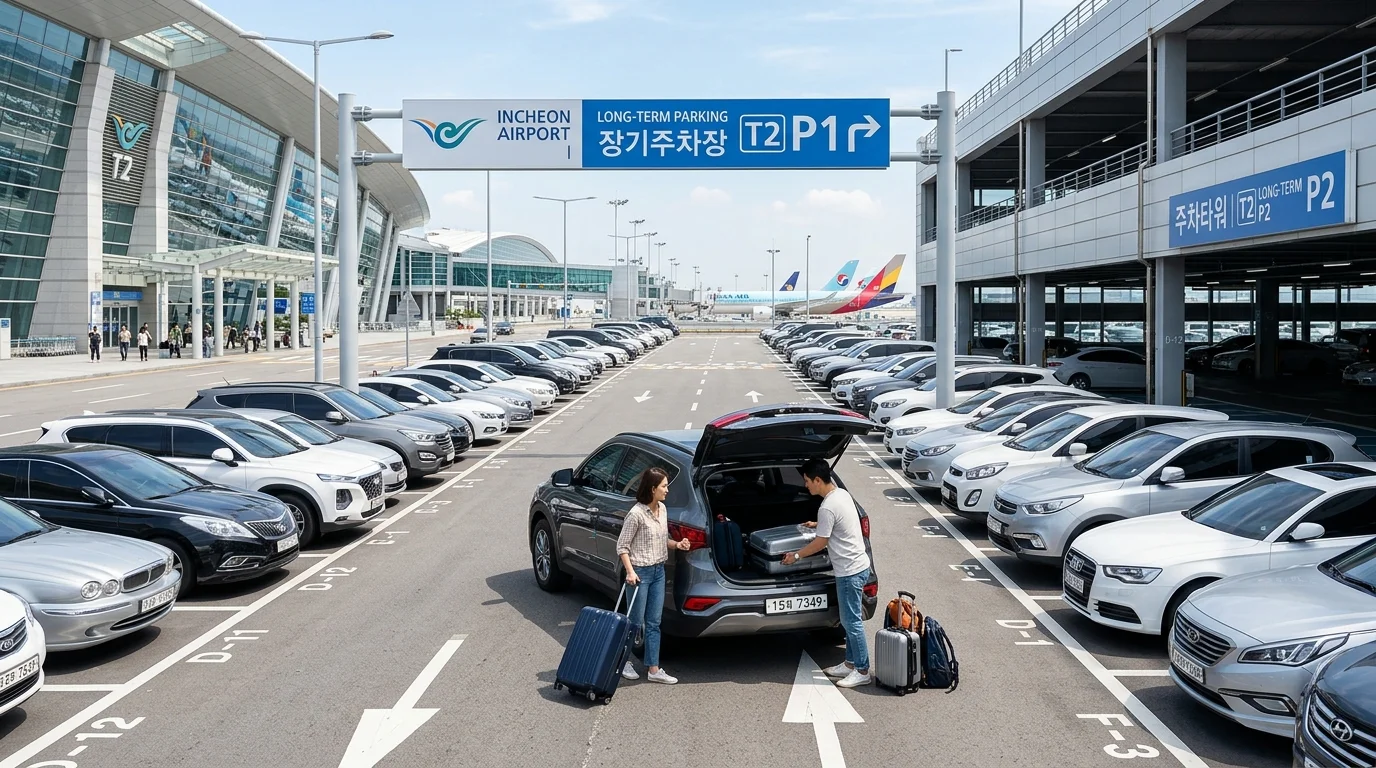 인천국제공항 제1·2여객터미널 장기주차장 전경과 캐리어를 싣는 여행객