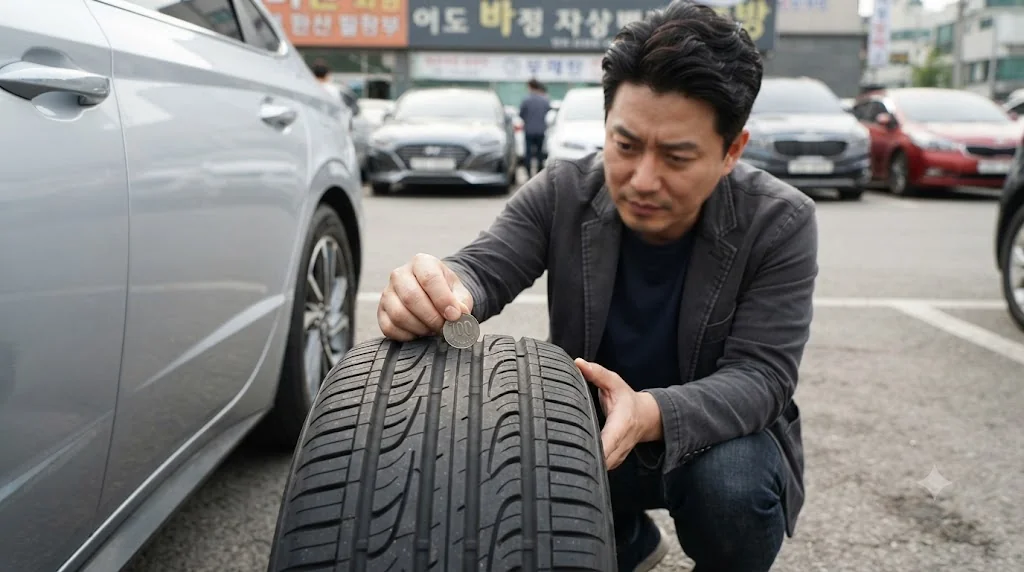 100원 동전을 타이어 트레드 홈에 거꾸로 넣어 마모도를 측정하는 한국인 운전자