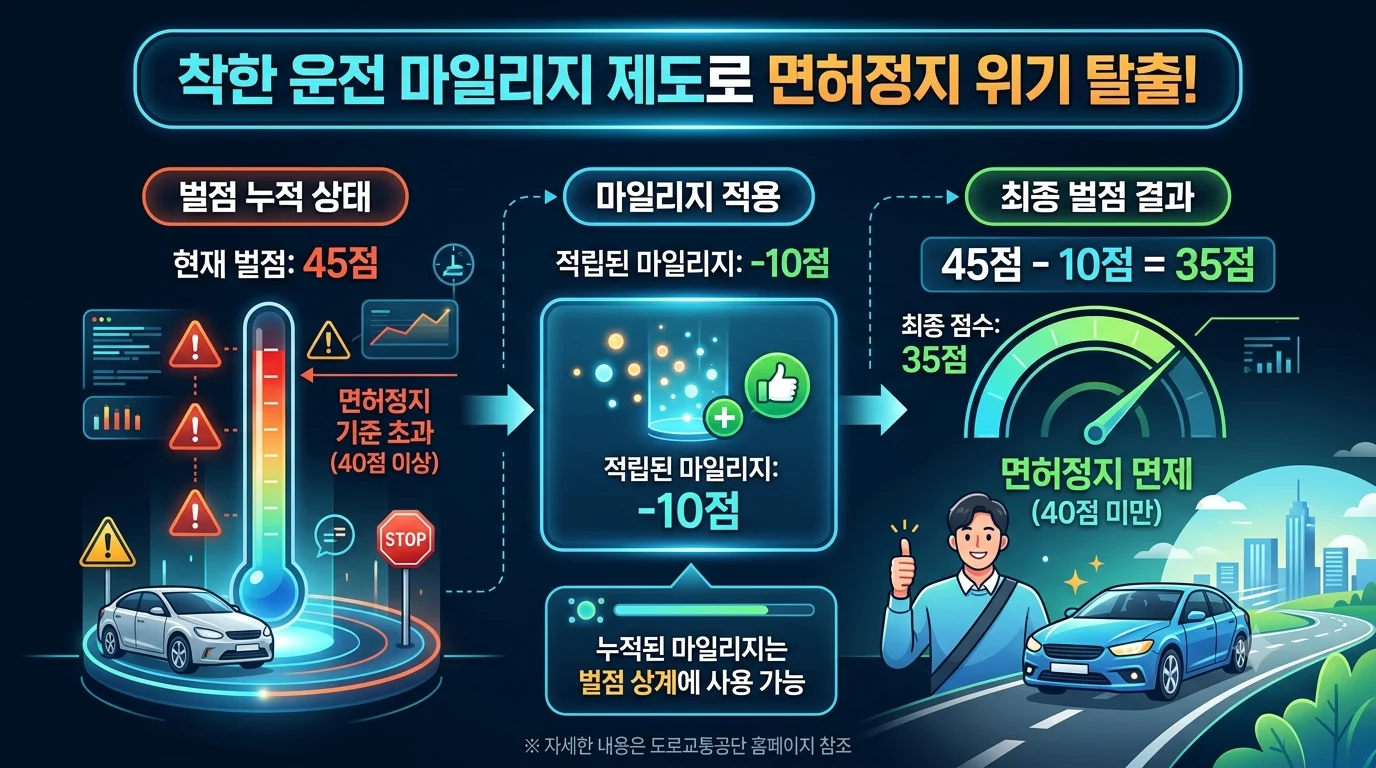 착한운전 마일리지 적립 구조 및 벌점 상계 메커니즘 인포그래픽