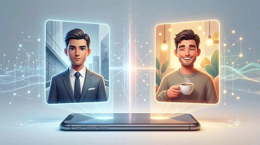 직장 동료와 지인 그룹별 프로필을 분리 지정하는 디지털 프라이버시 3D 개념도