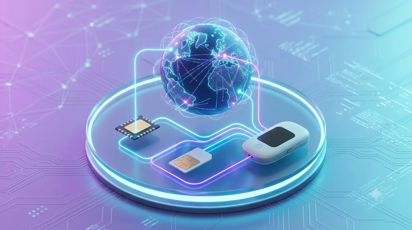 eSIM 가상심과 물리 나노유심 및 포켓와이파이 라우터의 글로벌 데이터 연결 3D 개념도