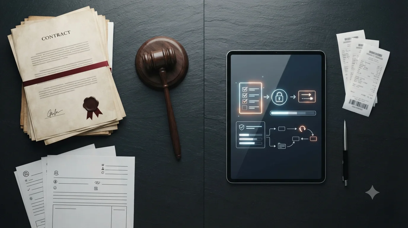 소액 민사소송 절차와 증빙 서류 입증 체계 플랫레이 개념도