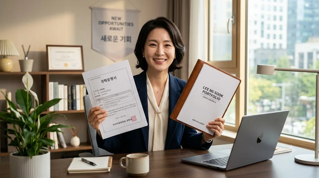 공식 경력증명 서류를 완벽히 준비하고 이직 면접을 자신 있게 준비하는 직장인의 모습