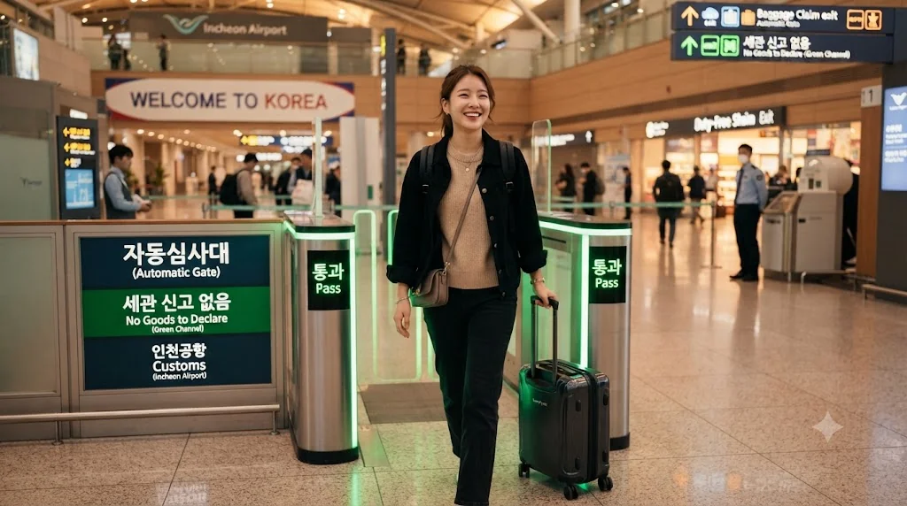 성실 자진신고로 관세 감면 혜택을 받고 입국장을 기분 좋게 통과하는 모습