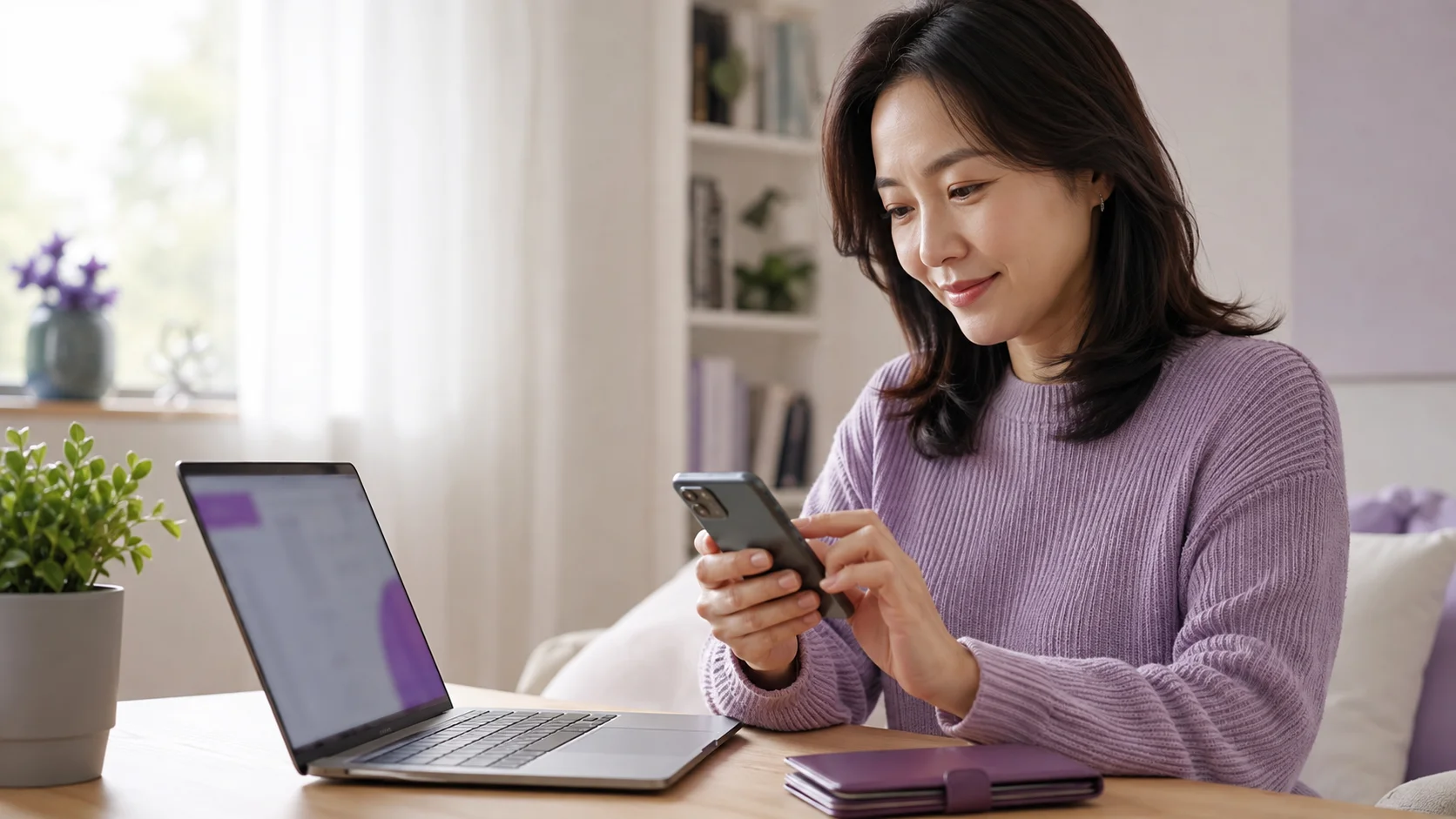 집에서 휴대폰 보안과 분실 대비를 점검하는 한국인 이용자 연출 이미지