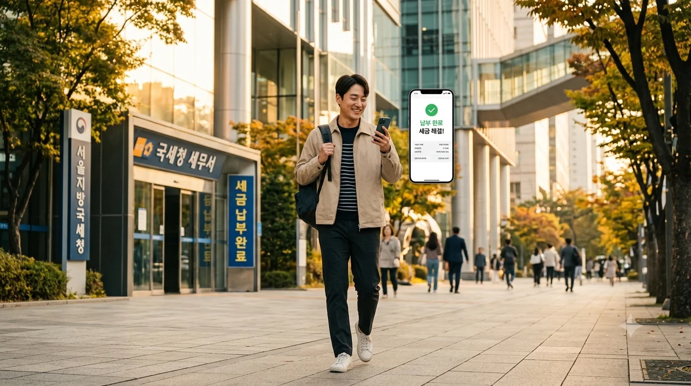 세금 신용카드 납부 - 스마트폰 간편결제로 세금 납부를 완료하고 안도하는 한국인 납세자