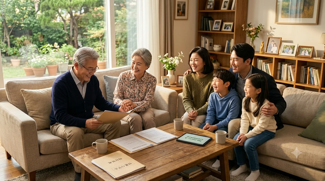 상속세 신고와 재산 정리를 안전하게 마치고 안도하는 평온한 가족의 모습