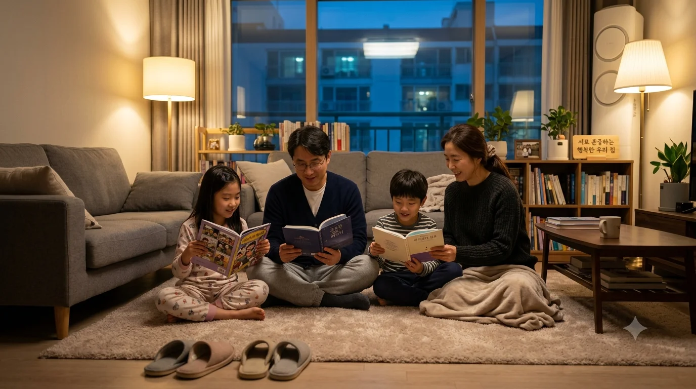 이웃 간 상호 배려와 소음 완충으로 평온한 저녁 휴식을 누리는 아파트 가정