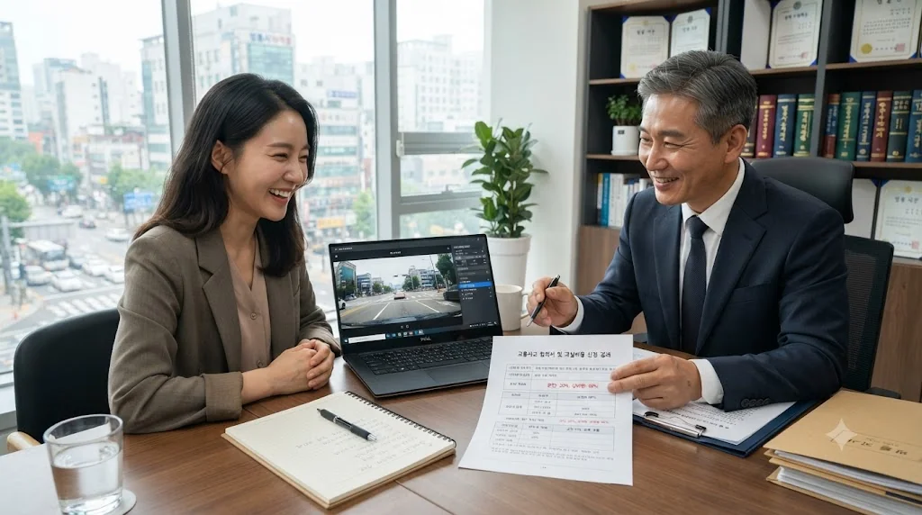 교통사고 전문 변호사와 과실비율 입증 자료를 검토하고 안도하는 모습