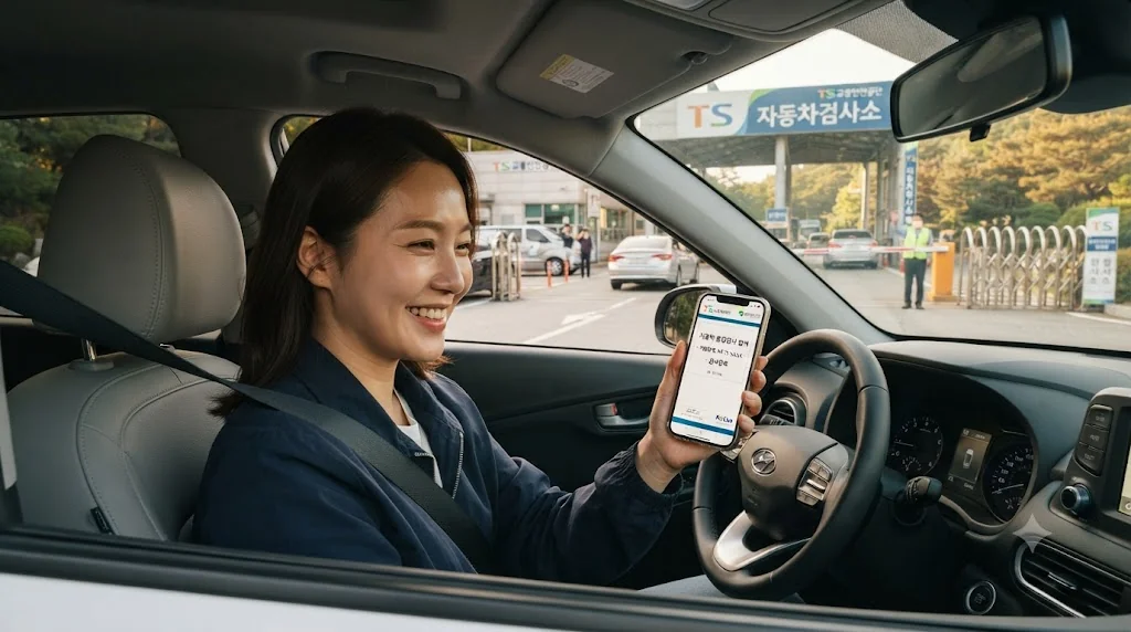 교통안전공단 검사소에서 자동차 정기검사를 원활하게 마치고 안도하는 모습