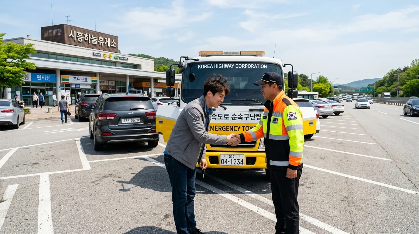휴게소 안전지대까지 무사히 무료 견인 완료 후 안도하며 문제 해결을 준비하는 차주와 견인차