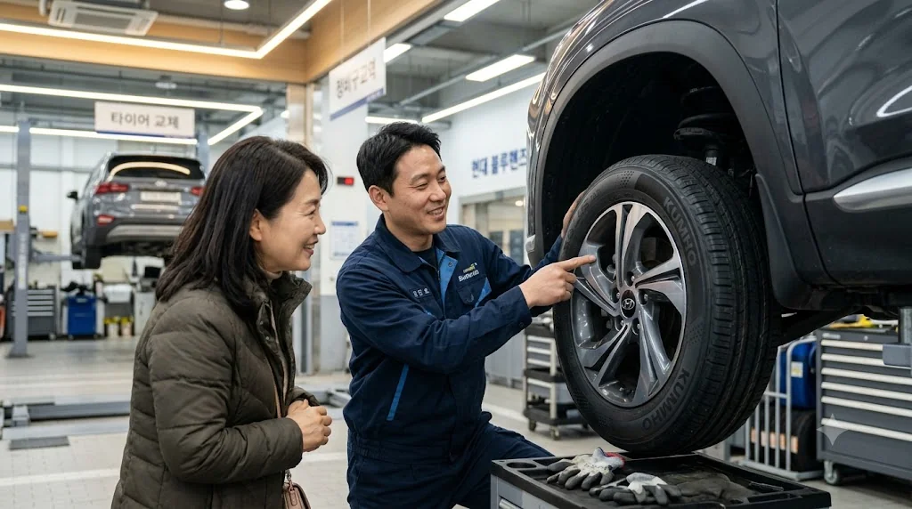 정비소에서 타이어 옆면 DOT 제조일자 코드를 손가락으로 가리키며 설명하는 한국인 정비사