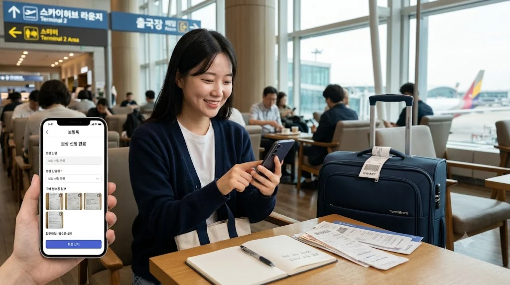 공항 라운지에서 스마트폰으로 간편하게 여행자보험 보상금을 모바일 청구하는 모습