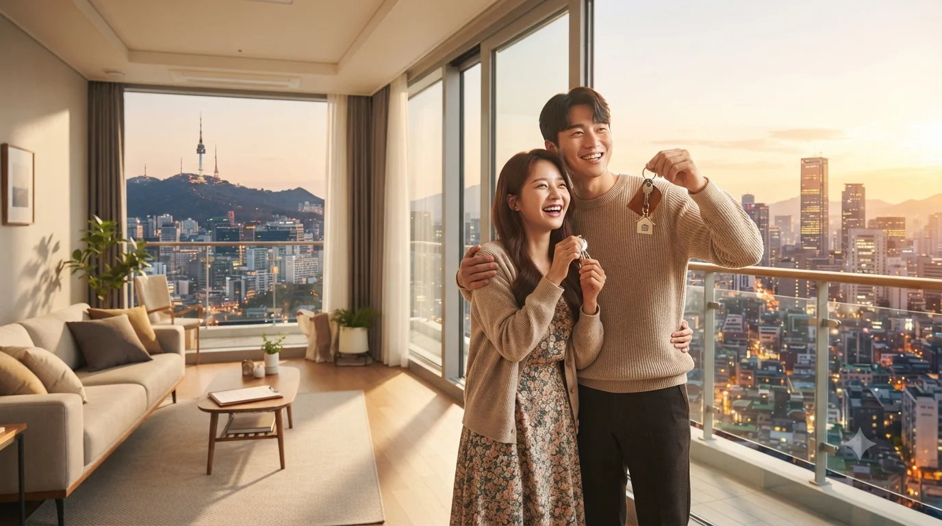 전세사기 걱정 없이 안전하게 새 집에 입주하여 안도하는 부부의 라이프스타일