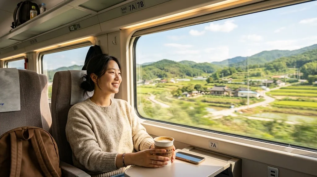 KTX 고속열차 좌석에서 알뜰하게 예매한 기차 여행을 편안하게 즐기는 모습
