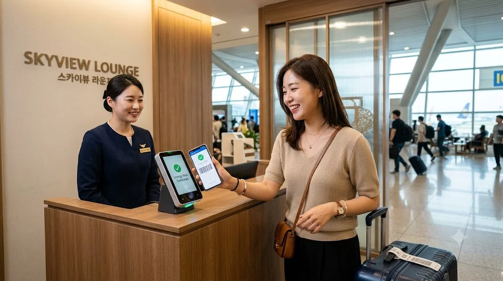 공항 라운지 데스크에서 모바일 앱을 태그하고 편안하게 입장하는 모습