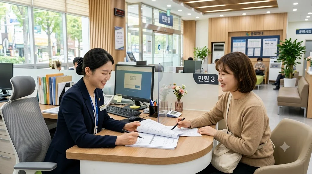 행정복지센터 민원실 창구에서 민방위 교육 유예 및 면제 신청 서류를 접수하고 상담받는 모습
