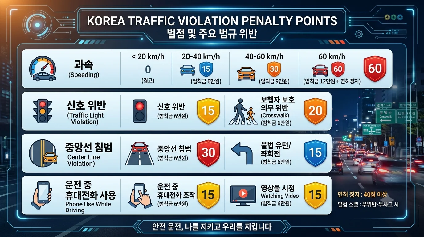 운전자가 꼭 알아야 할 주요 교통 법규 위반 벌점 및 범칙금 일람표