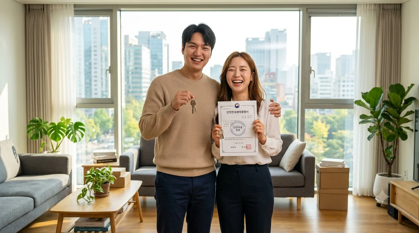 확정일자와 보증보험으로 전세 보증금을 완벽히 지키고 안도하며 기뻐하는 신혼부부