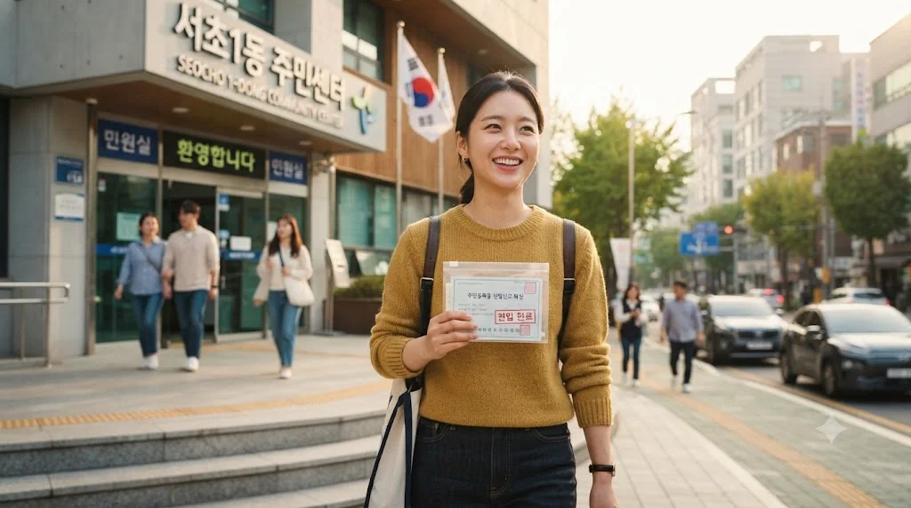 주민센터에서 전입자 스티커를 교부받고 폐기물 배출 고민을 해결한 안도하는 일상