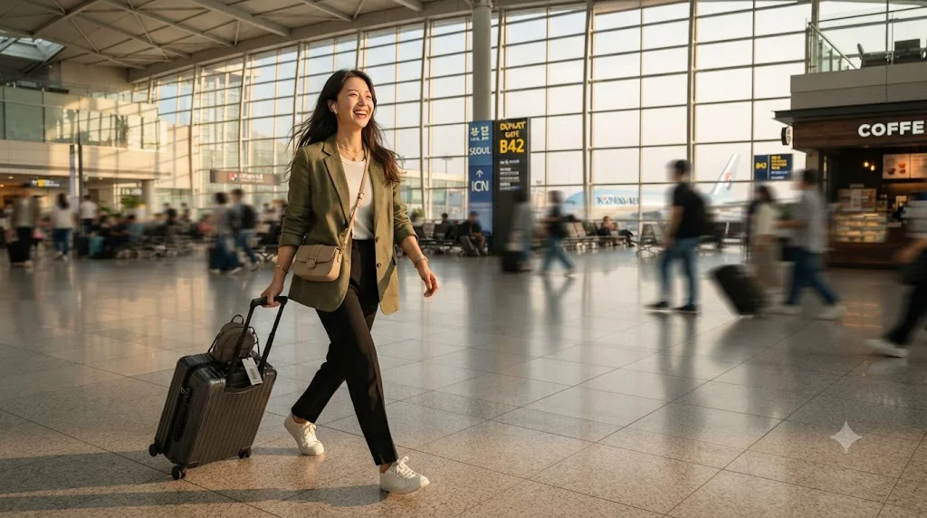 가볍고 완벽하게 싼 캐리어를 끌고 공항 출국장을 여유롭게 통과하는 여행객