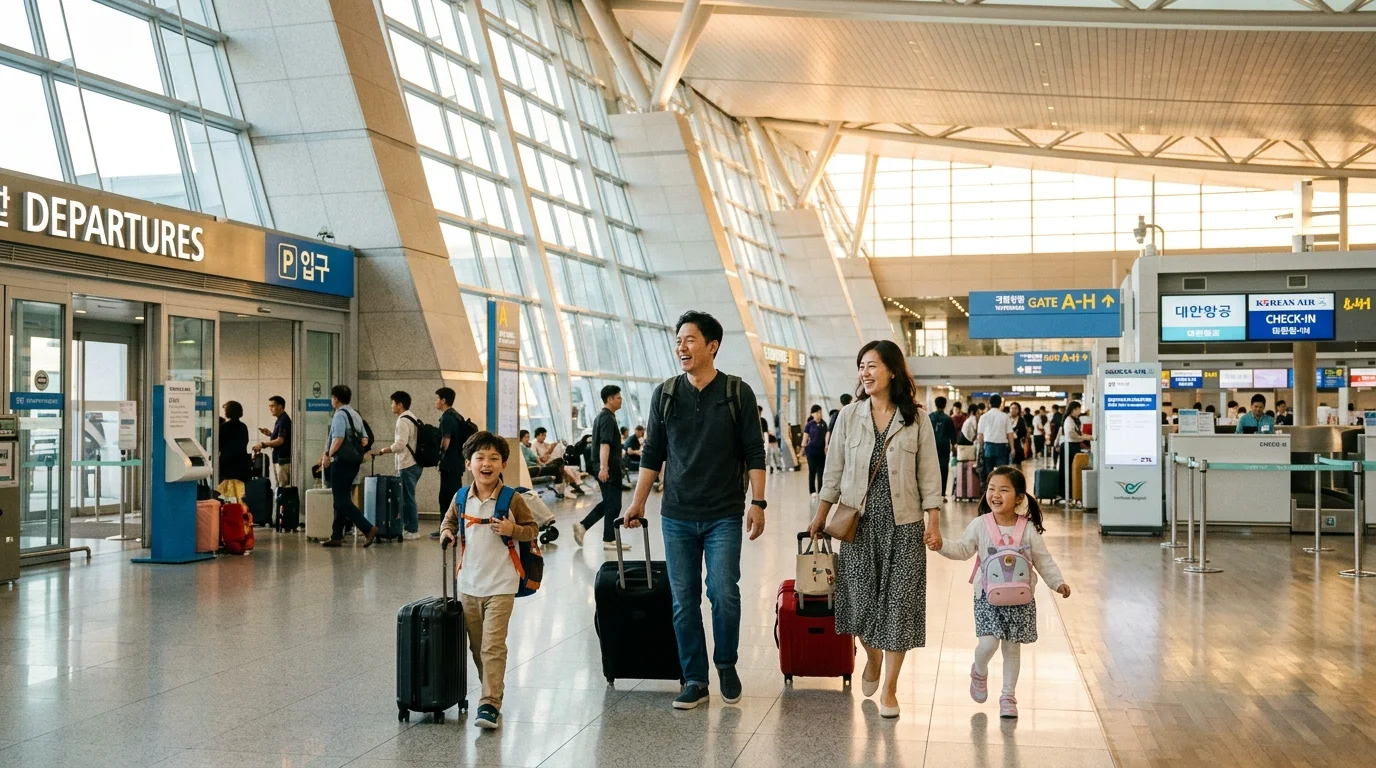 안전하게 주차를 마치고 가족과 함께 여유롭게 출국장으로 향하는 행복한 여행객