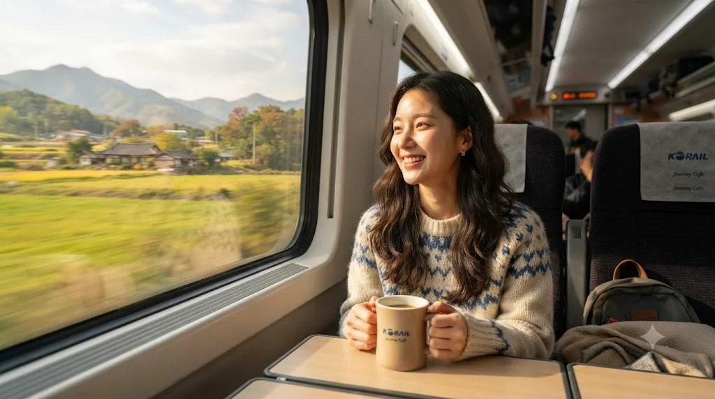 KTX 고속열차 좌석에서 알뜰하게 예매한 기차 여행을 편안하게 즐기는 모습