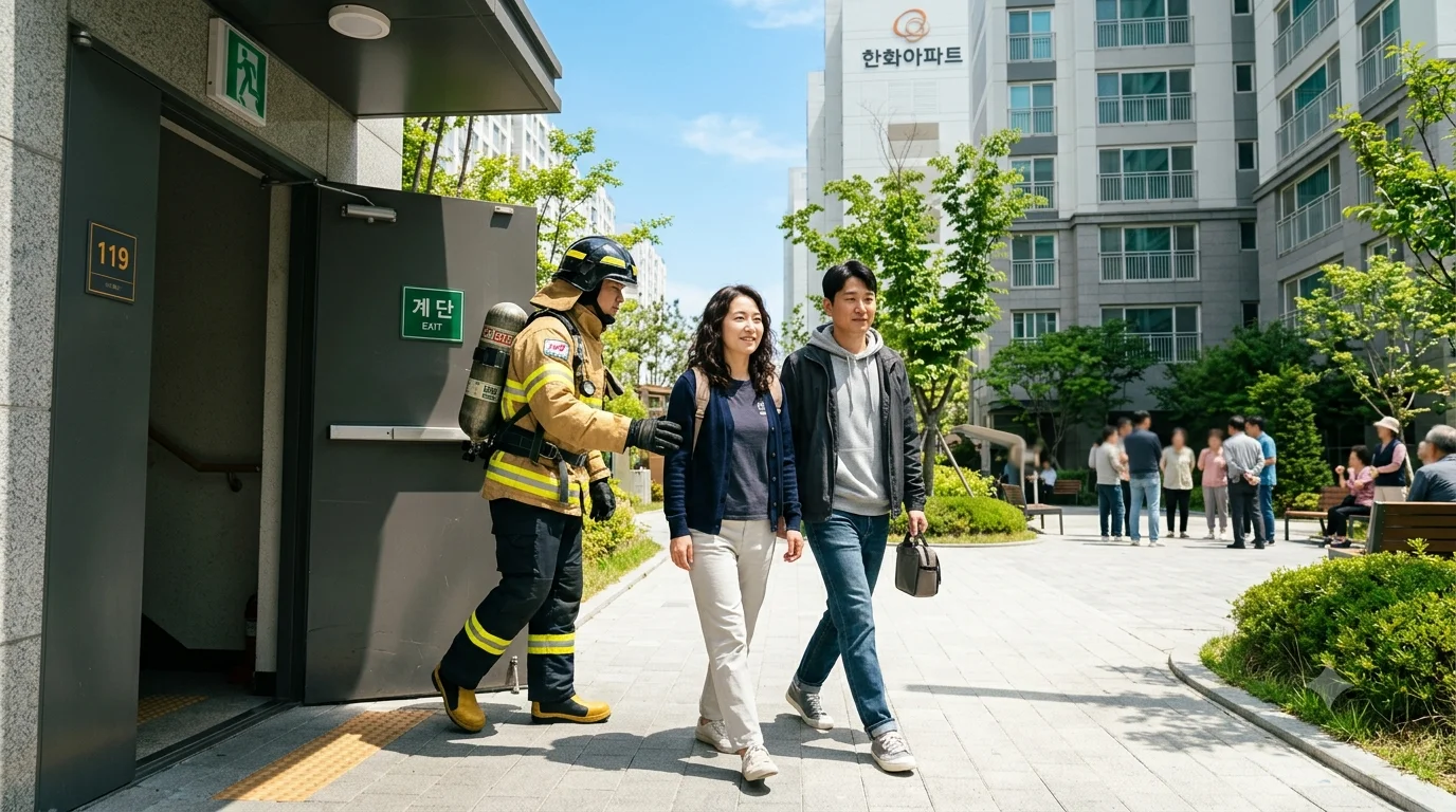 지하주차장 화재 발생 시 유독가스를 피해 지상 야외 광장으로 안전하게 대피한 주민과 소방대원의 안도하는 모습