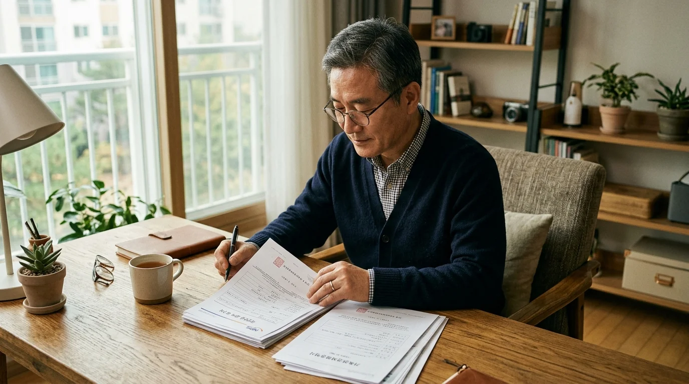 책상 위에서 국민연금 유족연금 안내문과 가족관계 증빙 서류를 차분히 확인하는 한국인 가족