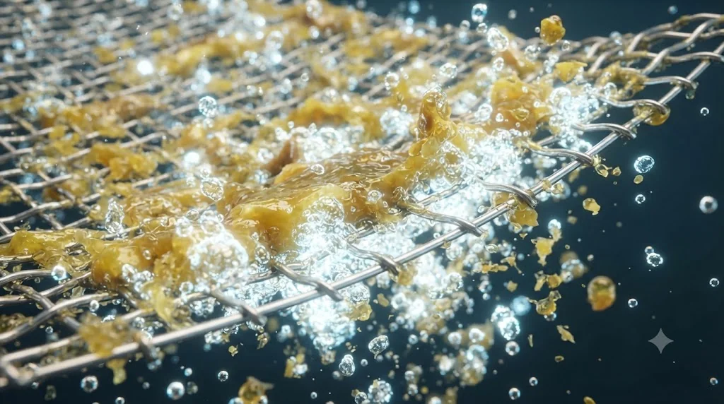 과탄산소다 온수 반응에서 발생하는 산소 기포와 알칼리 비누화 기름때 분해 3D 개념도