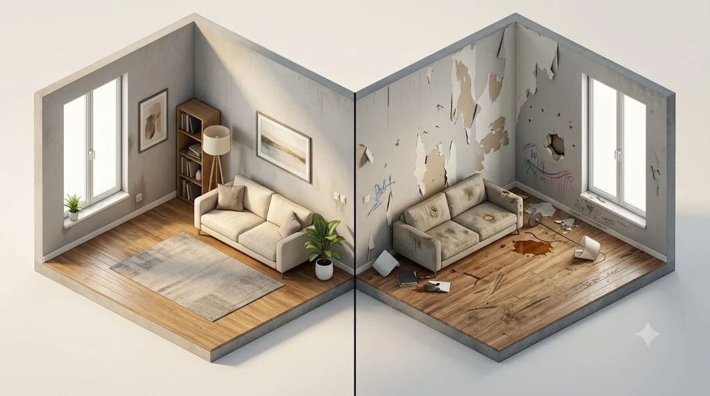 통상적 자연 마모와 임차인 과실 파손의 법적 기준을 대조한 3D 입체 인테리어 다이어그램
