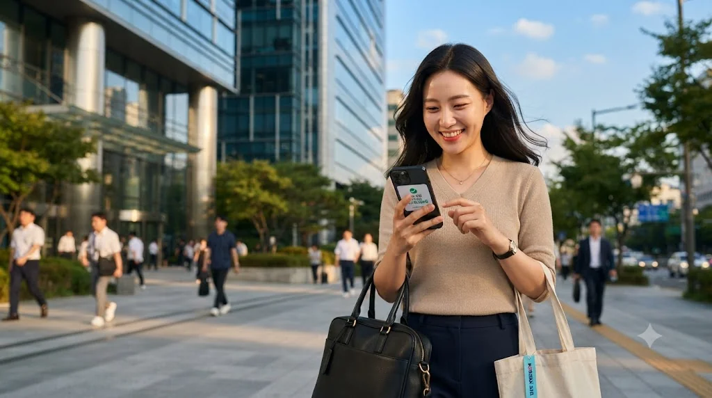 간이대지급금 수령 후 일상 생활의 안정을 되찾고 미소 짓는 직장인