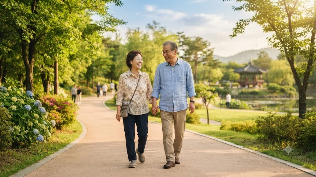기초연금 수급으로 안정된 노후 복지 생활을 누리는 활기찬 어르신 부부의 일상