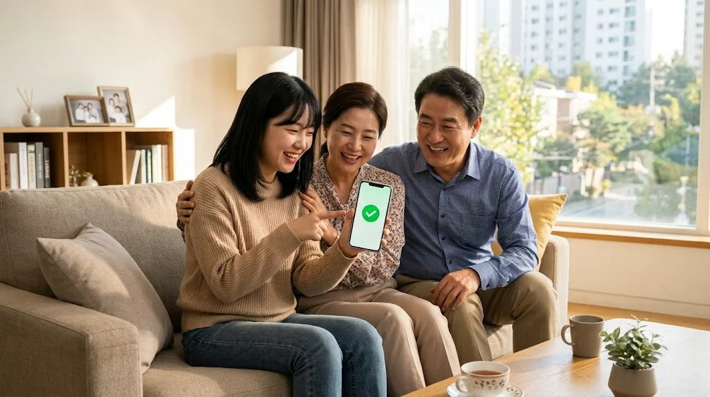거실에서 대학생 자녀와 부모님이 함께 스마트폰 간편인증으로 가구원 정보제공 동의를 완료하고 미소 짓는 모습