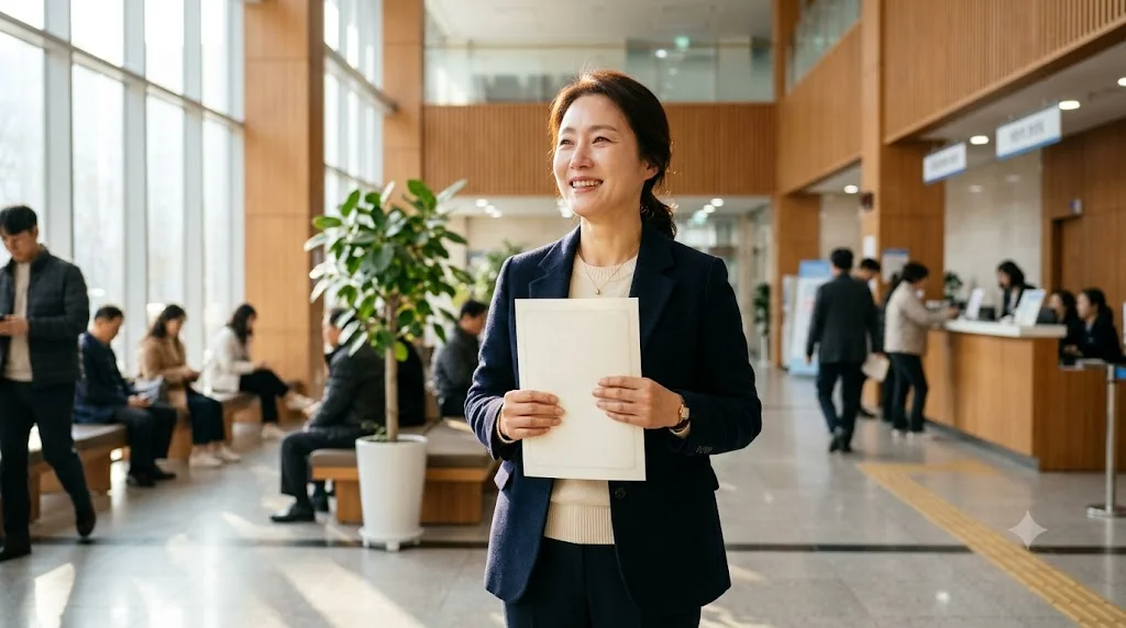 차령초과말소 승인 후 말소등록사실증명서를 발급받고 체납액 분납 계획을 세우며 홀가분해하는 한국인 차주의 모습
