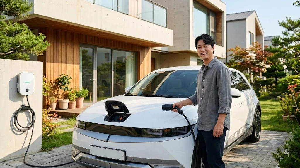성공적으로 조기폐차 보조금을 수령하고 새로 마련한 친환경 전기차 앞에서 만족해하는 차주의 일상