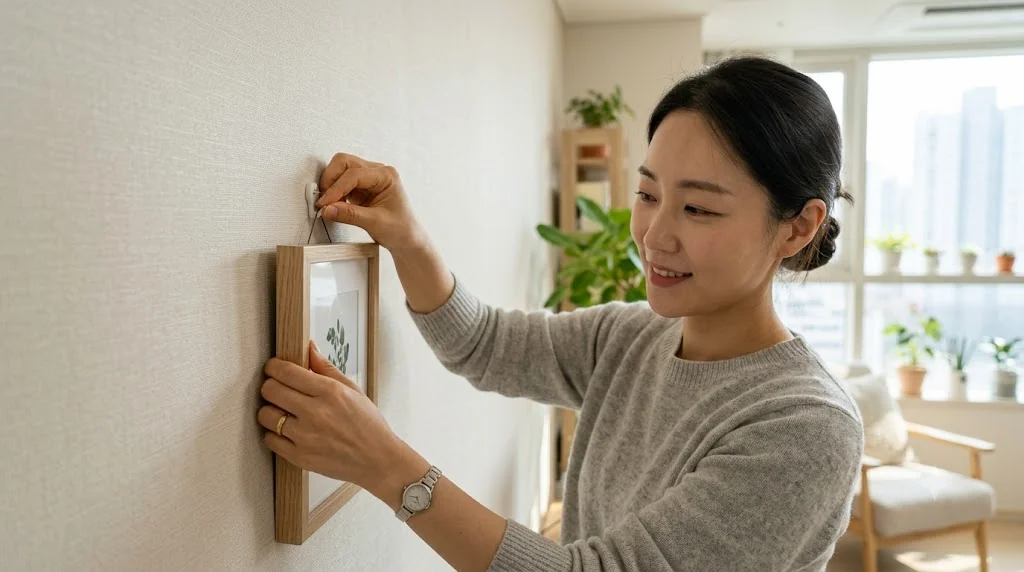 벽지 손상 없이 액자를 걸기 위해 꼭꼬핀을 벽지와 석고보드 틈에 설치하는 실전 모습