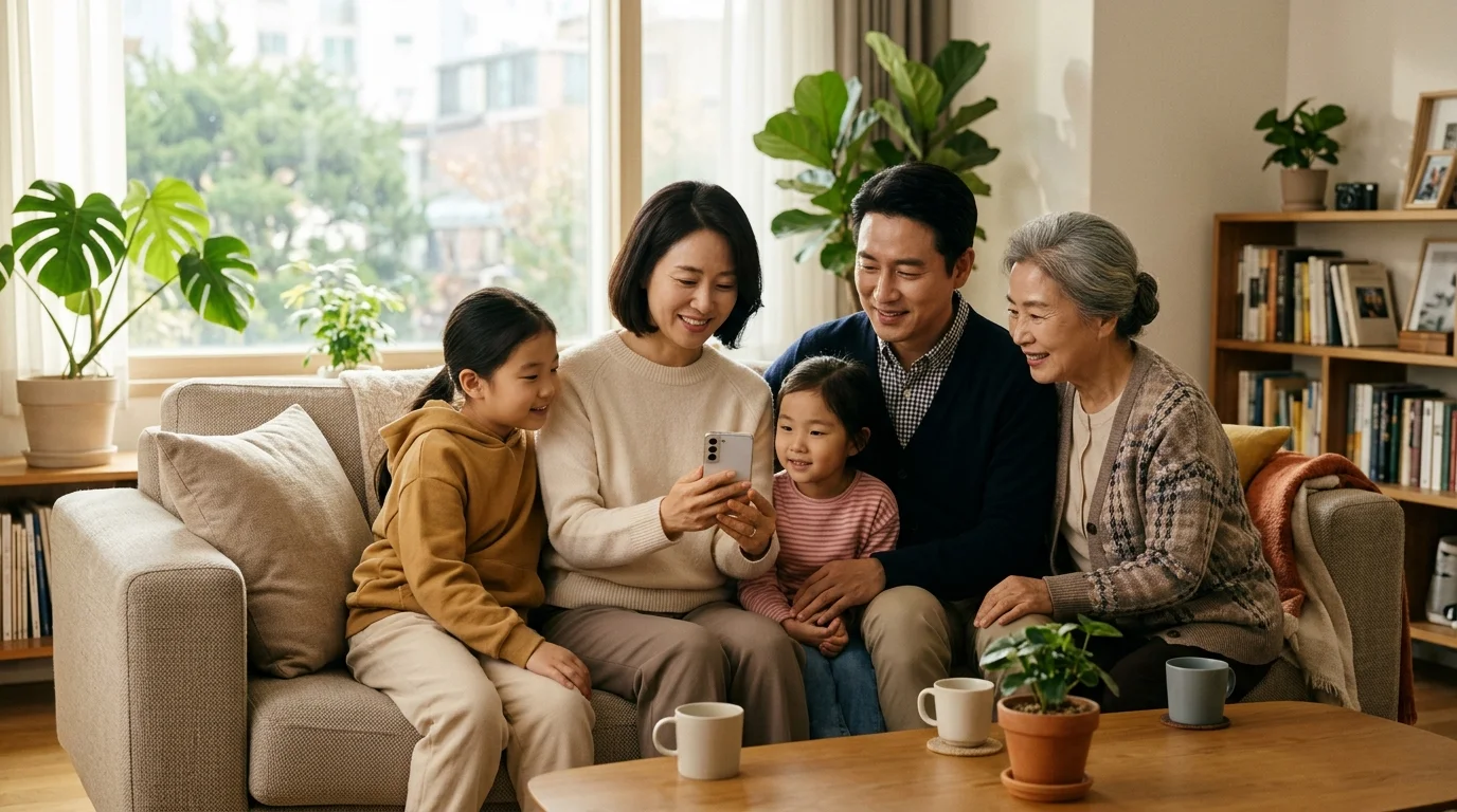 국민연금공단 지사 또는 모바일 간편 청구를 완료하고 안도하는 한국인 가족의 모습