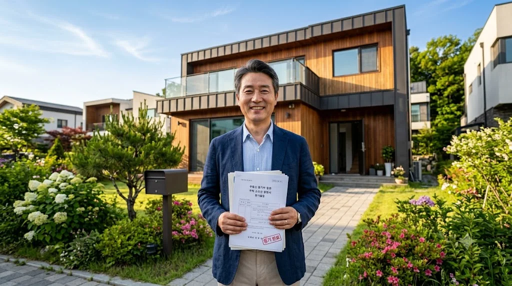 상속재산 협의분할 및 소유권 이전 상속등기를 성공적으로 완료하고 주택 앞에 선 상속인