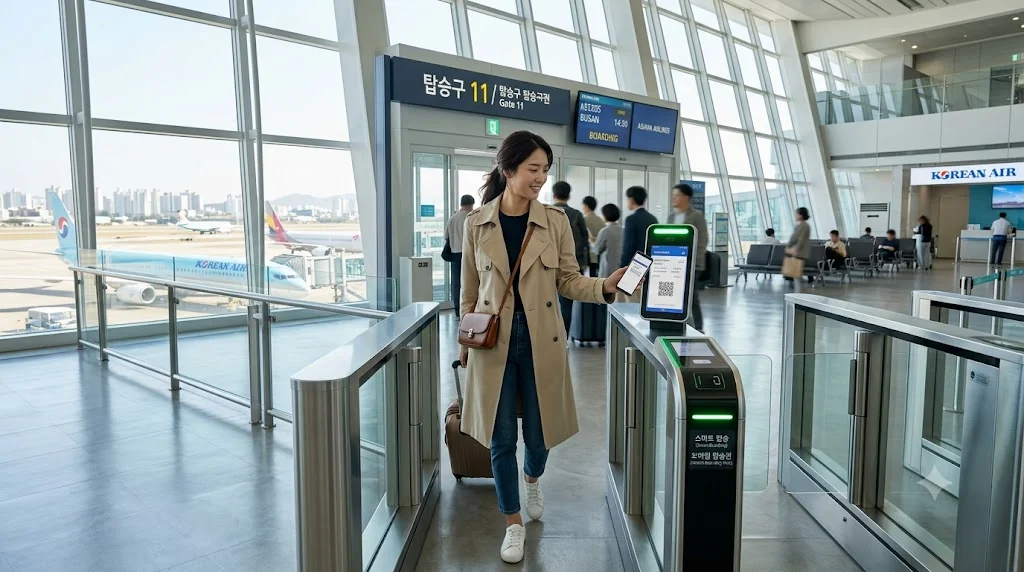 국내선 공항 탑승구에서 실물 신분증 없이 스마트폰 모바일 신분증 스캔만으로 신속히 신원 확인을 마치는 승객