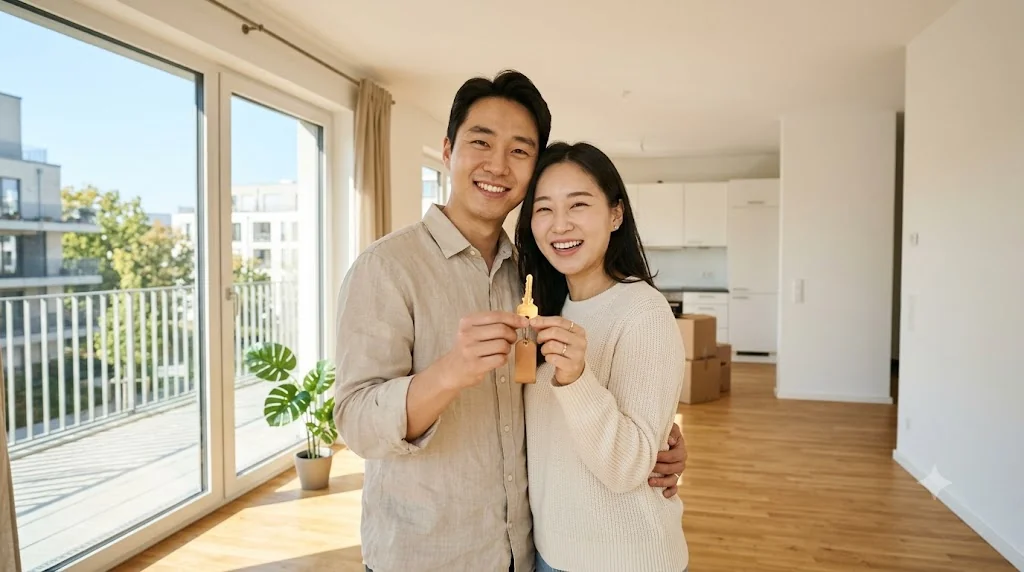 빈 아파트에서 열쇠를 들고 선 부부