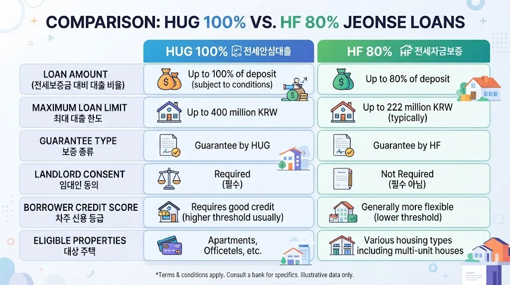 중기청 HUG 100% vs HF 80% 대출 조건 비교 인포그래픽