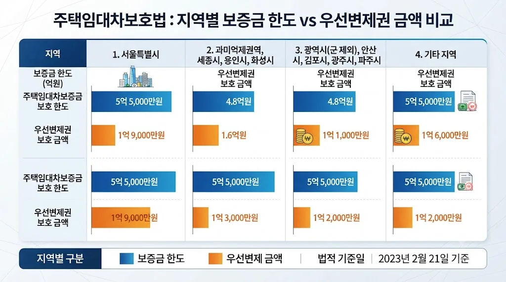 지역별 소액보증금 범위 및 최우선변제금 한도 비교